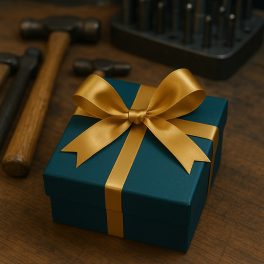 Geschenkbox mit goldener Schleife für einen Schmuckworkshop-Gutschein