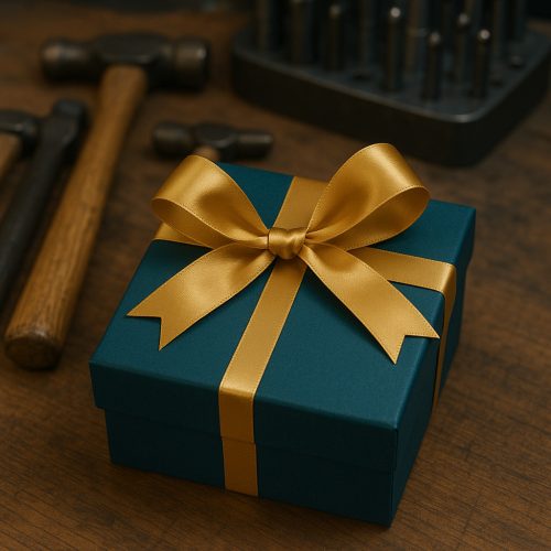 Geschenkbox mit goldener Schleife für einen Schmuckworkshop-Gutschein