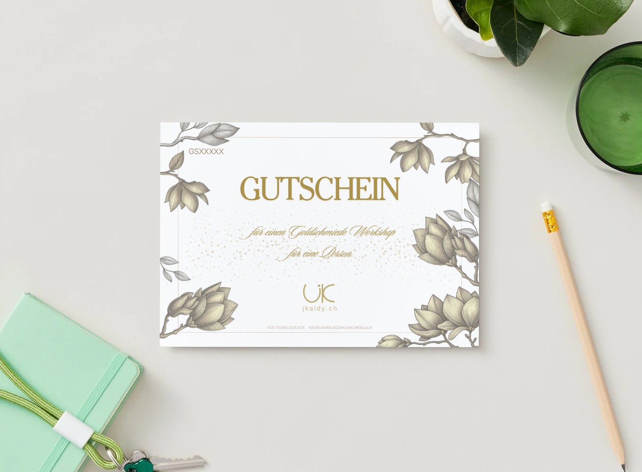 Gutschein-Muster Standard, zum Selbstausfüllen – jKaldy Goldschmiede-Workshop, Liestal
