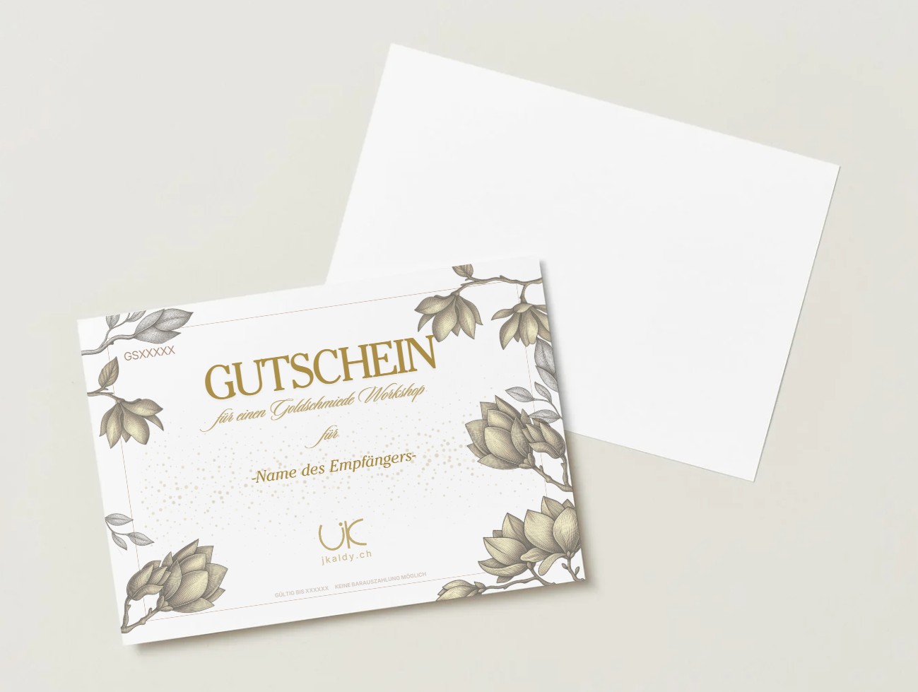 Gutschein-Muster personalisiert, nur mit dem Namen der/des Beschenkten – jKaldy Goldschmiede-Workshop, Liestal