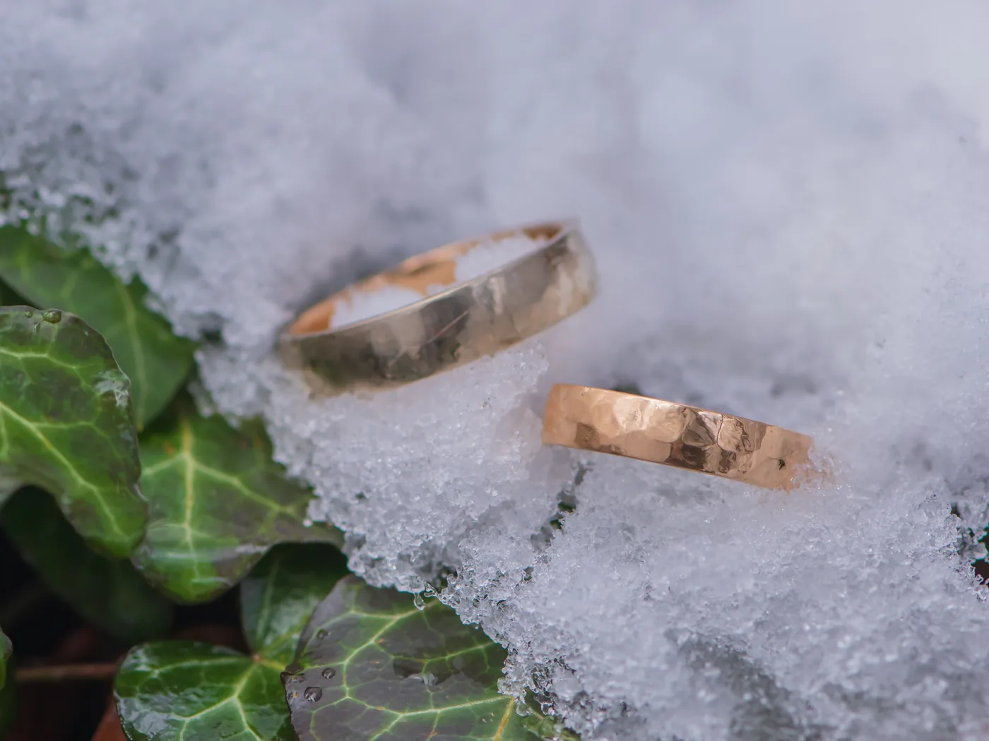 Zwei gehämmerte Trauringe aus Gold im Schnee, neben Efeublättern